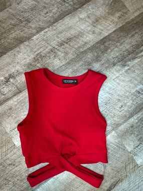 Liz & Sara Red Ribbed Crop Top with Front Criss Cross Detail, Peekaboo Sides